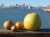 Fruit from Oakland Farmers Market on dock on San Francisco Bay